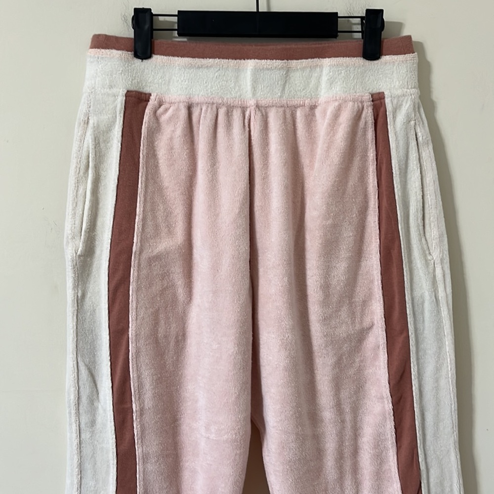 Free People Intimately Terry Cloth High Rise Pink Cream Brown Jogger Pants Sz L - Picture 2 of 8